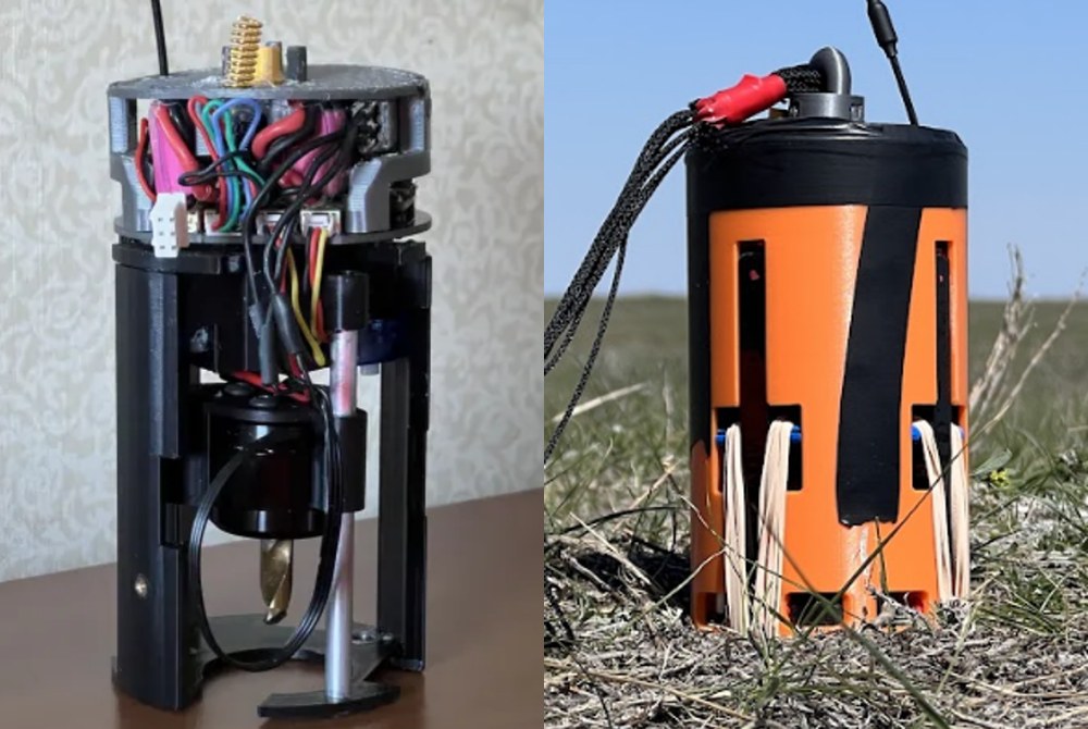 The CanSat lander open on the bench beside the finished lander standing in the field