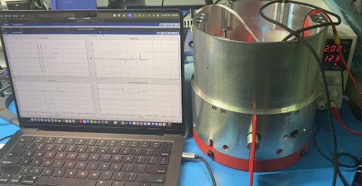 The hardware-in-the-loop bench: a flight module beside its live controller plots